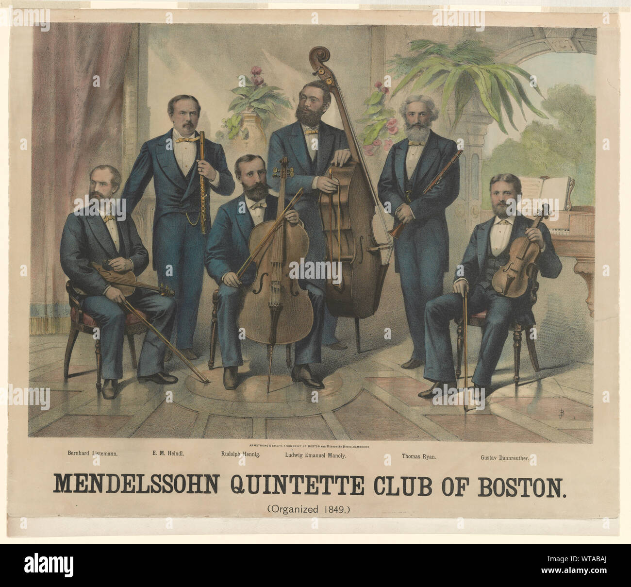 Mendelssohn Quintette Club of Boston (organized 1849)  Print shows a group portrait of six members of the Mendelssohn Quintette Club of Boston with their instruments; shown are, from left, Bernhard Listemann, E.M. Heindl, Rudolph Hennig, Ludwig Emanuel Manoly, Thomas Ryan, and Gustav Dannreuther. Stock Photo