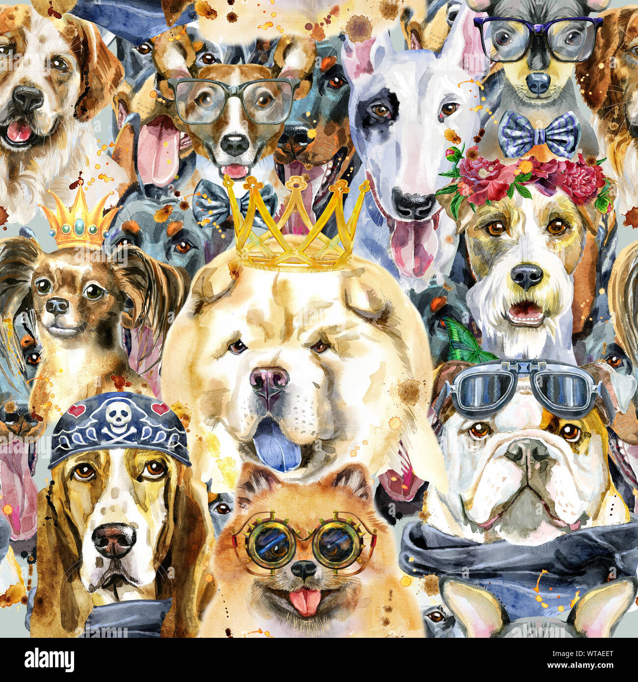 Watercolor seamless pattern of dogs on white background Stock Photo - Alamy