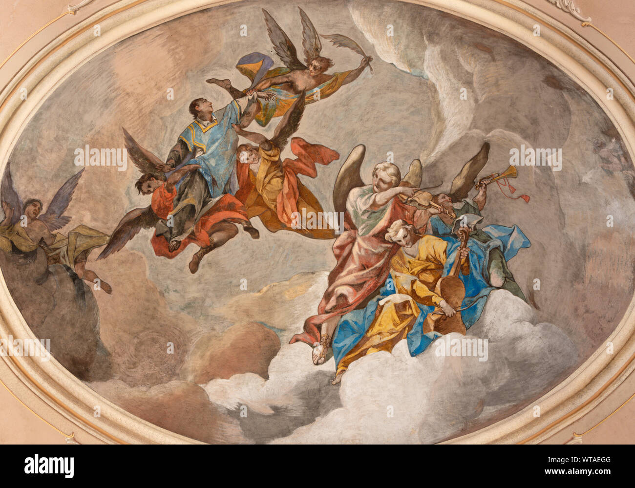 MALCESINE, ITALY - JUNE 13, 2019: The ceiling fresco of Apotheosis of St. Stephen in church Chiesa di Santo Stefano by Odoardo Perini (1750). Stock Photo