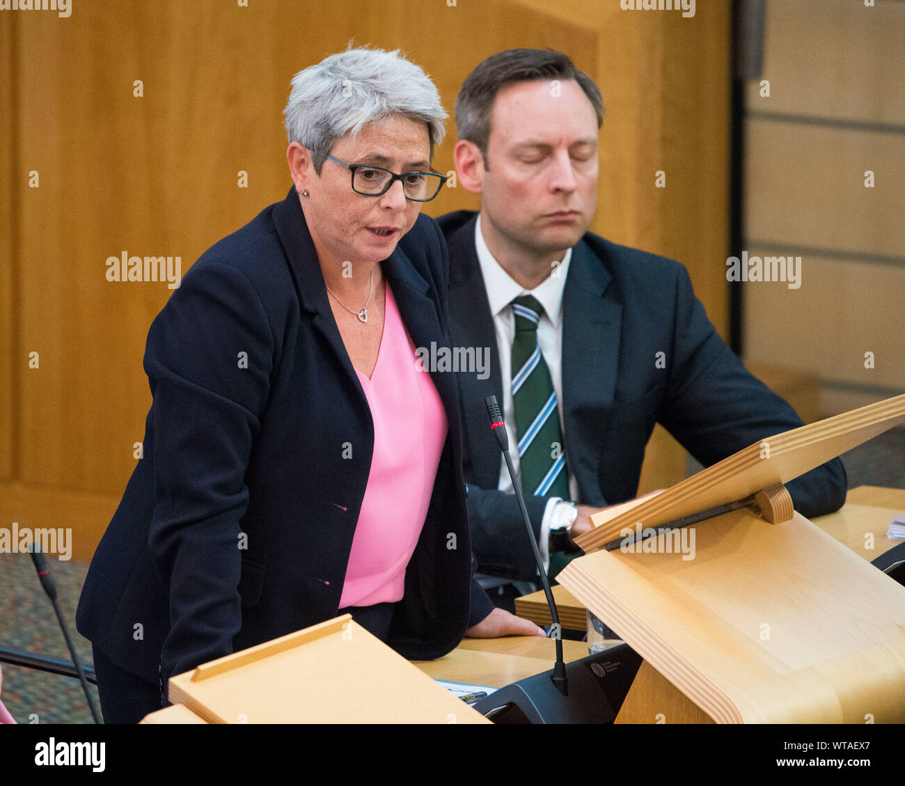 Edinburgh, UK. 5 September 2019. Pictured: (left) Annie Wells MSP - Glasgow Springburn Constituency for Mental Health Public Health and Equalities; (right) Liam Kerr MSP - Deputy Leader and Shadow Cabinet Secretary Justice. She asked the First Minister, What action the Scottish government will take oil response to the sectarian disorder in Glasgow at the weekend. Colin Fisher/CDFIMAGES.COM Stock Photo