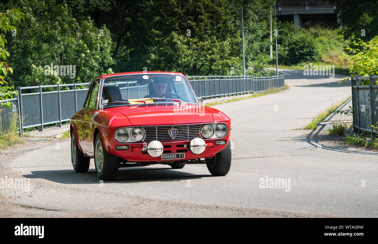 Classic car, a vintage Lancia model Fulvia HF during a meeting for historic cars Stock Photo