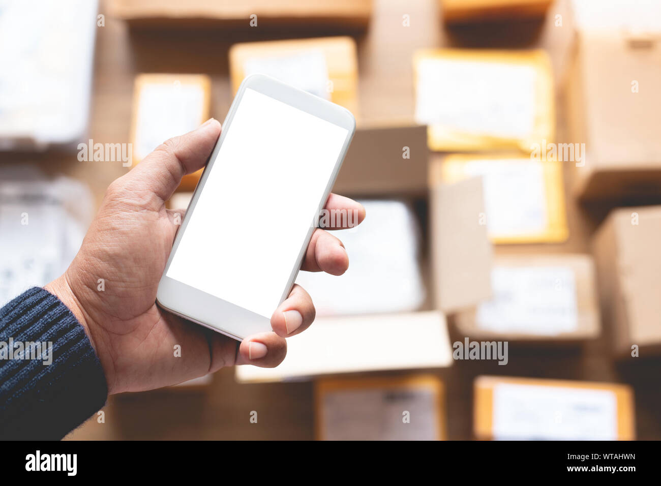 Online shopping concepts with youngman using smartphone on a lot of packag box.Ecommerce marke.Transportation logistic.Business retail market Stock Photo
