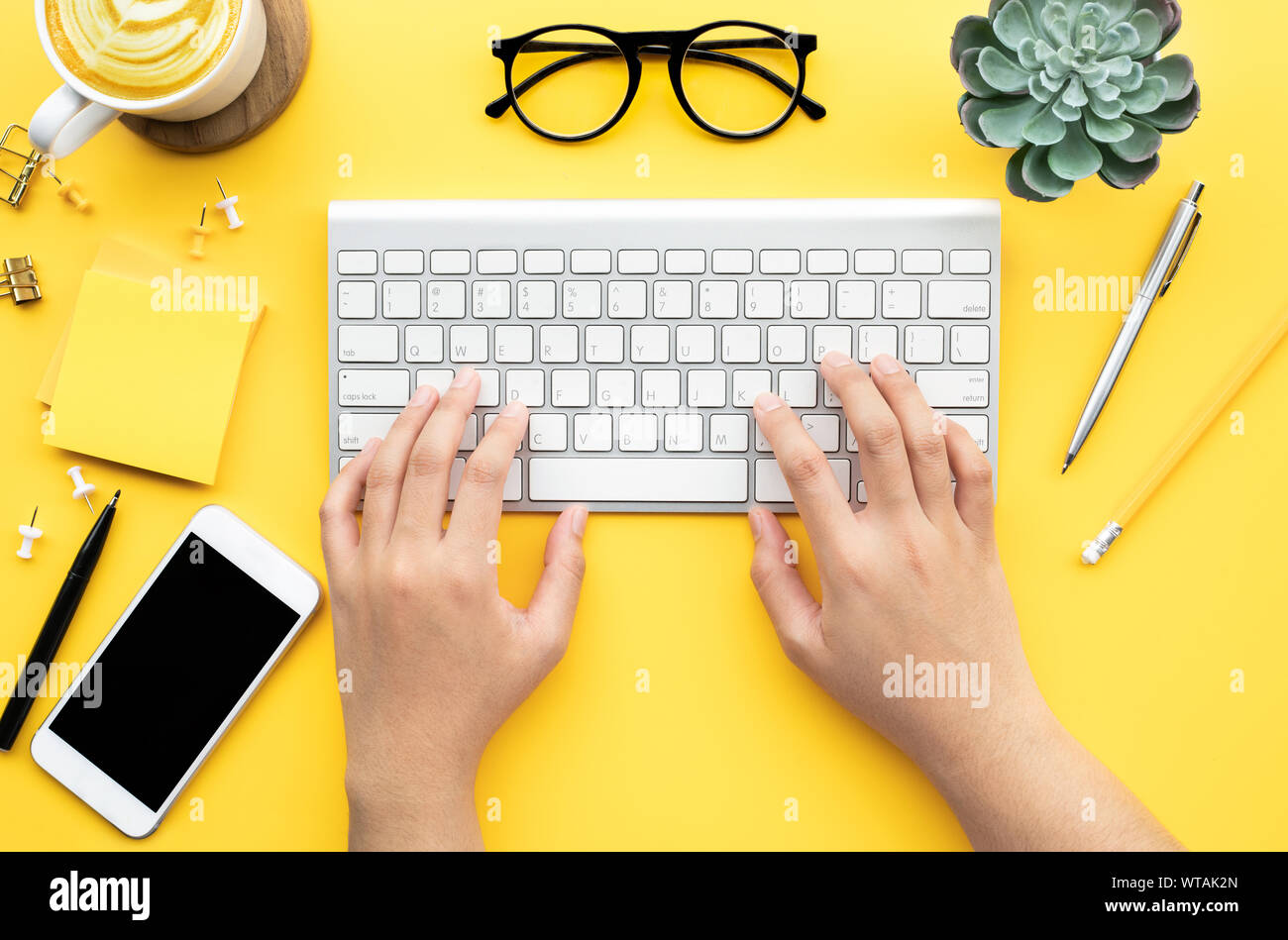 Young woman typing keyboard on desk table.Business modern life.computer communication Stock Photo