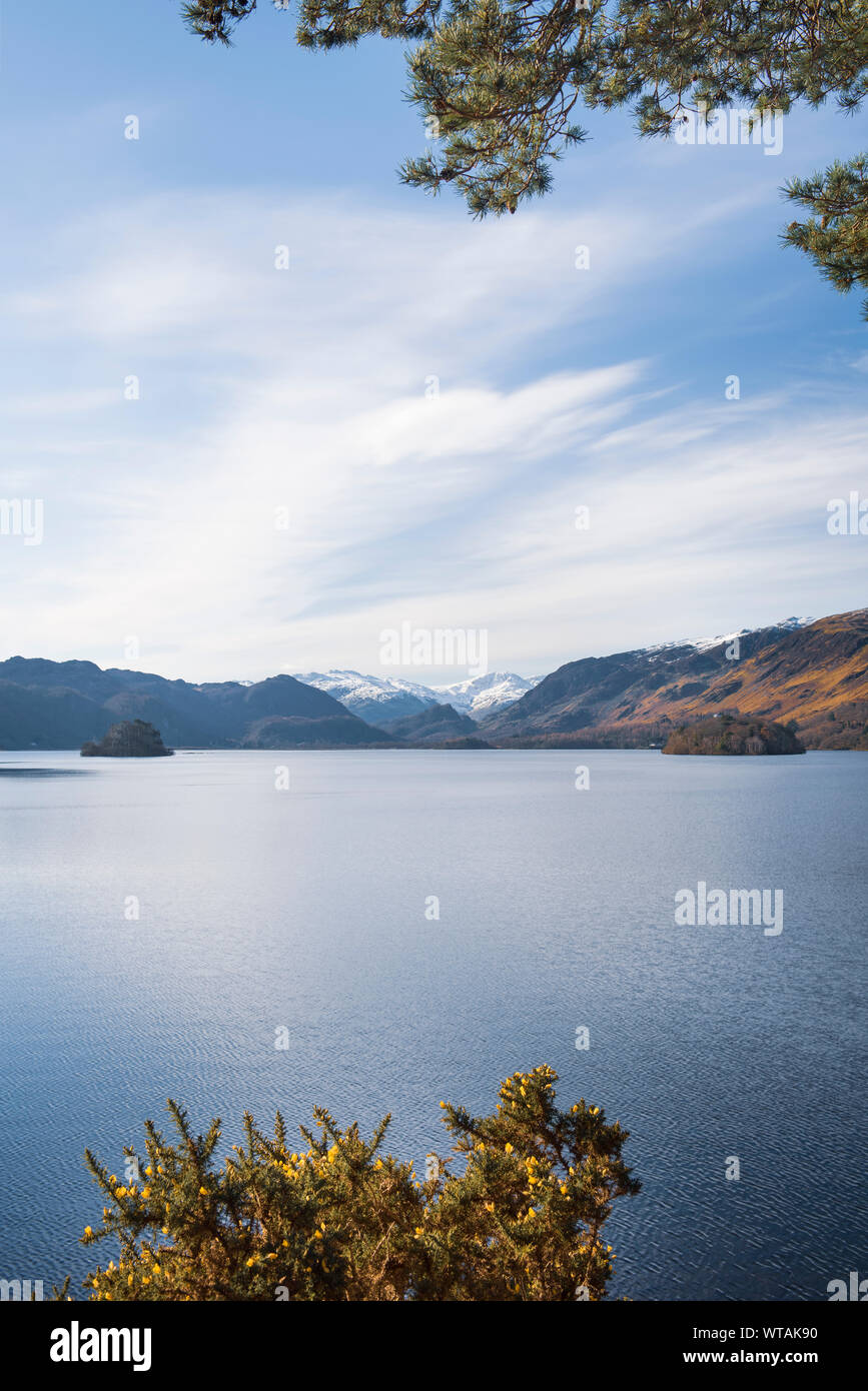 View of a lake and mountain landscape Derwent Water from Friars Craig near Keswick  in the English Lake District, Cumbria, North West England Stock Photo