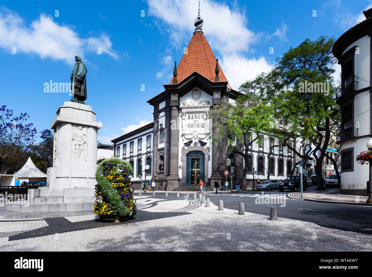 Jozef Pilsudski Monument and Banco de Portugal Funchal Madeira Stock Photo