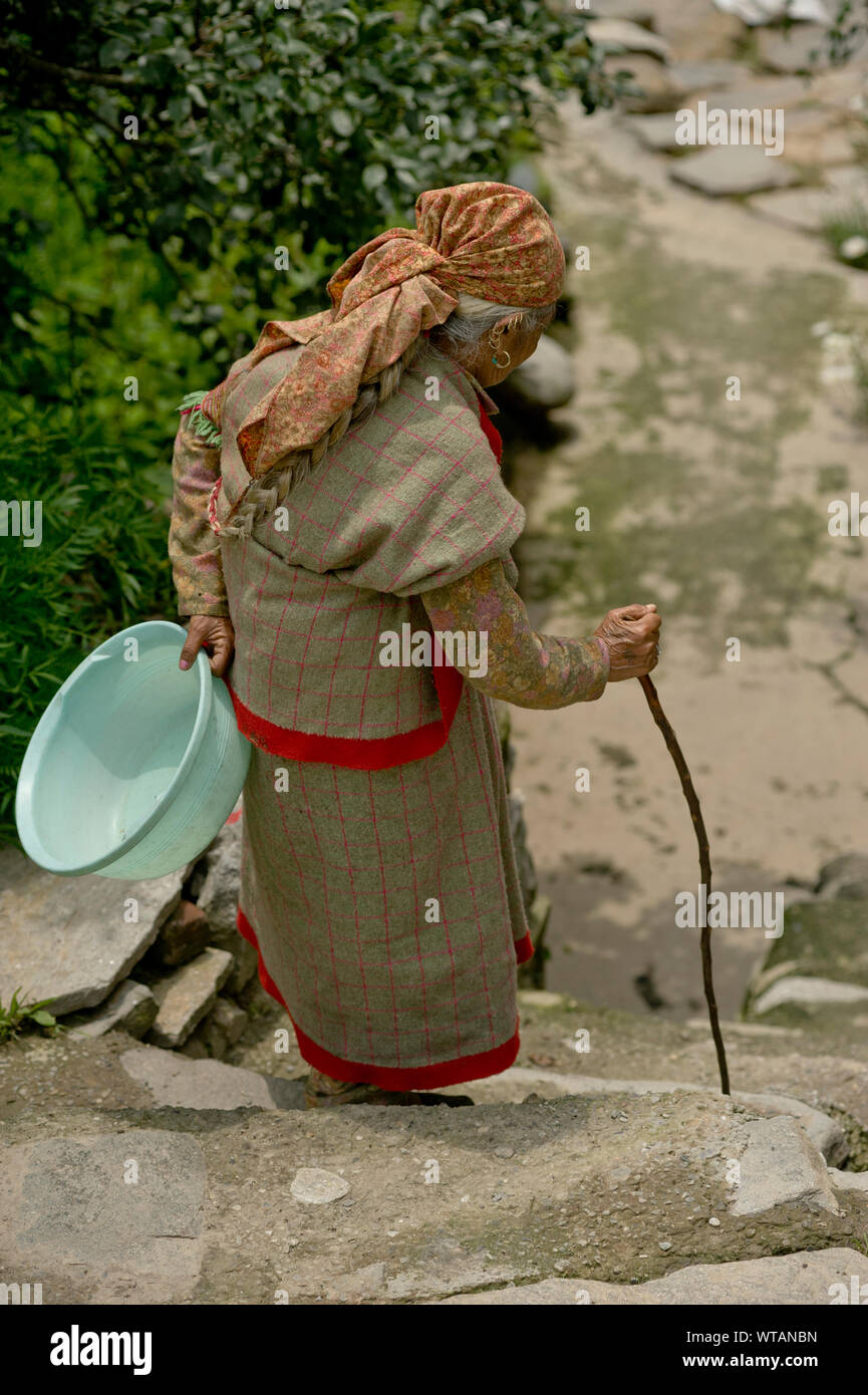 Old Kullu woman walks down a staircase with a cane and plastic basin Stock Photo