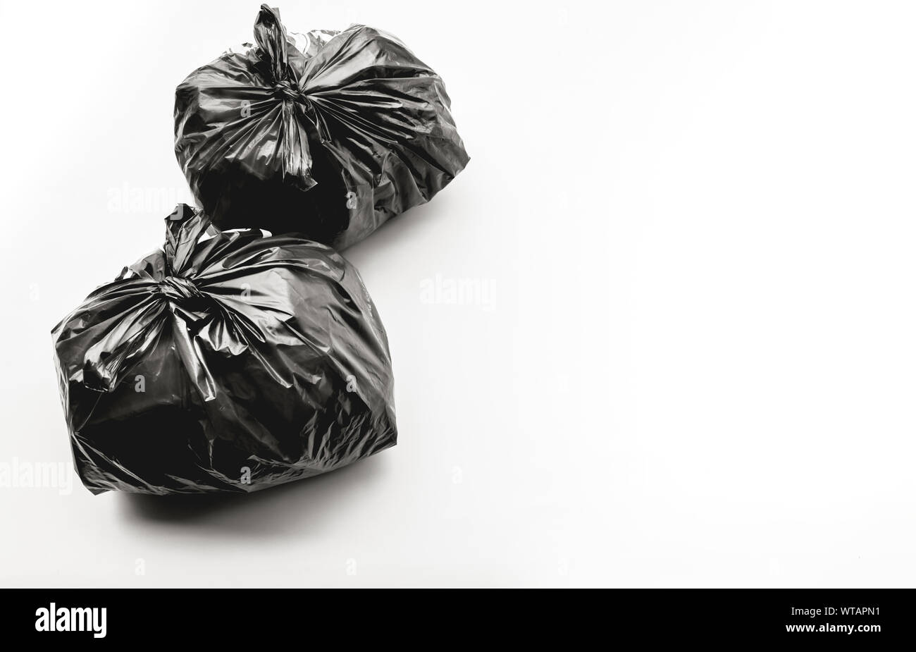 Food trash packing in black plastic bag on color background. Recycle and environment concepts ideas Stock Photo