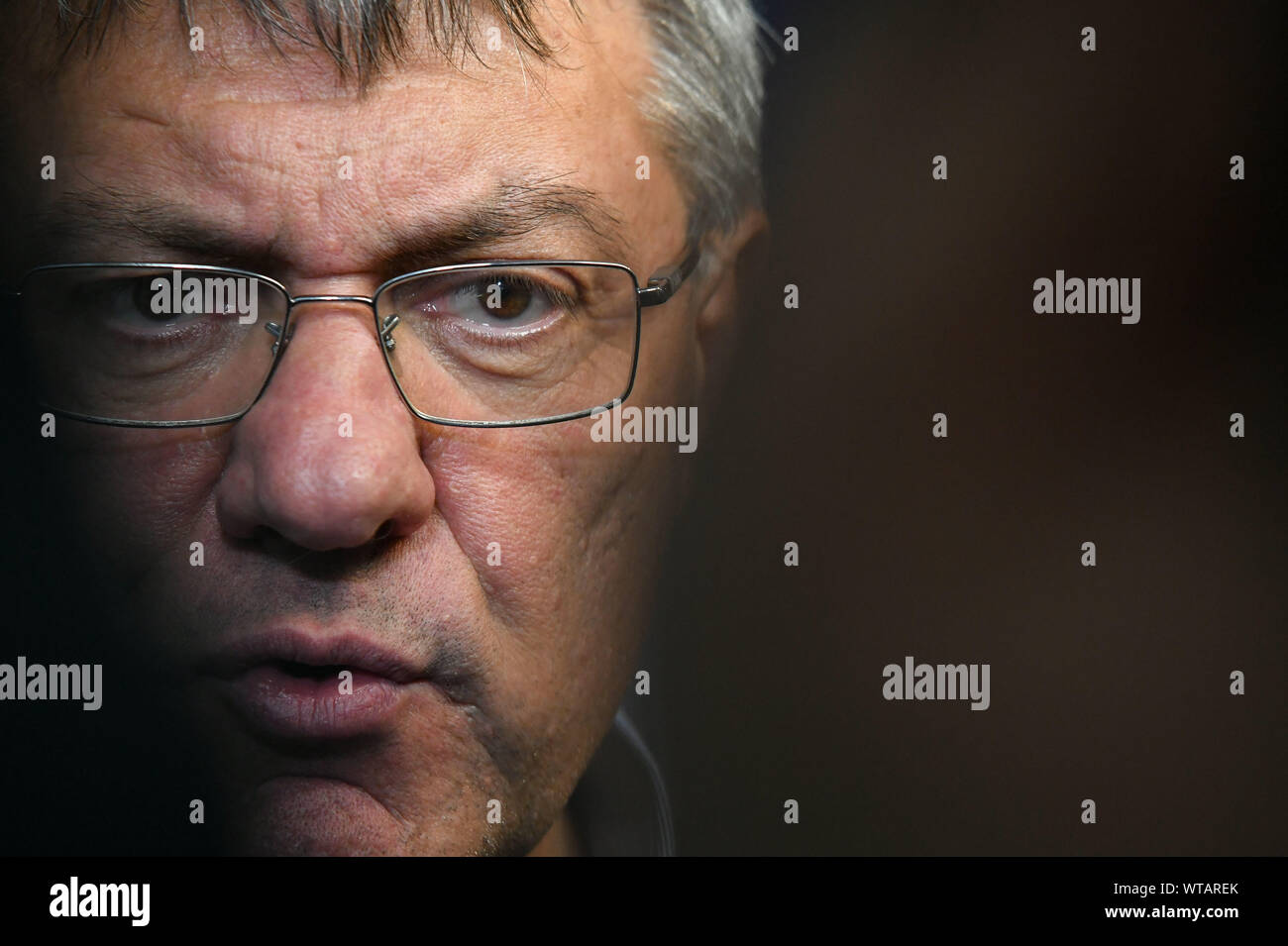 Brussels, Belgium. 11th Sep, 2019. Maurizio Landini, secretary-general of the Italian General Labor Confederation (CGIL), answers questions from press during his visit to the EU headquarters in Brussels, Belgium, Sept. 11, 2019. Credit: Riccardo Pareggiani/Xinhua Stock Photo