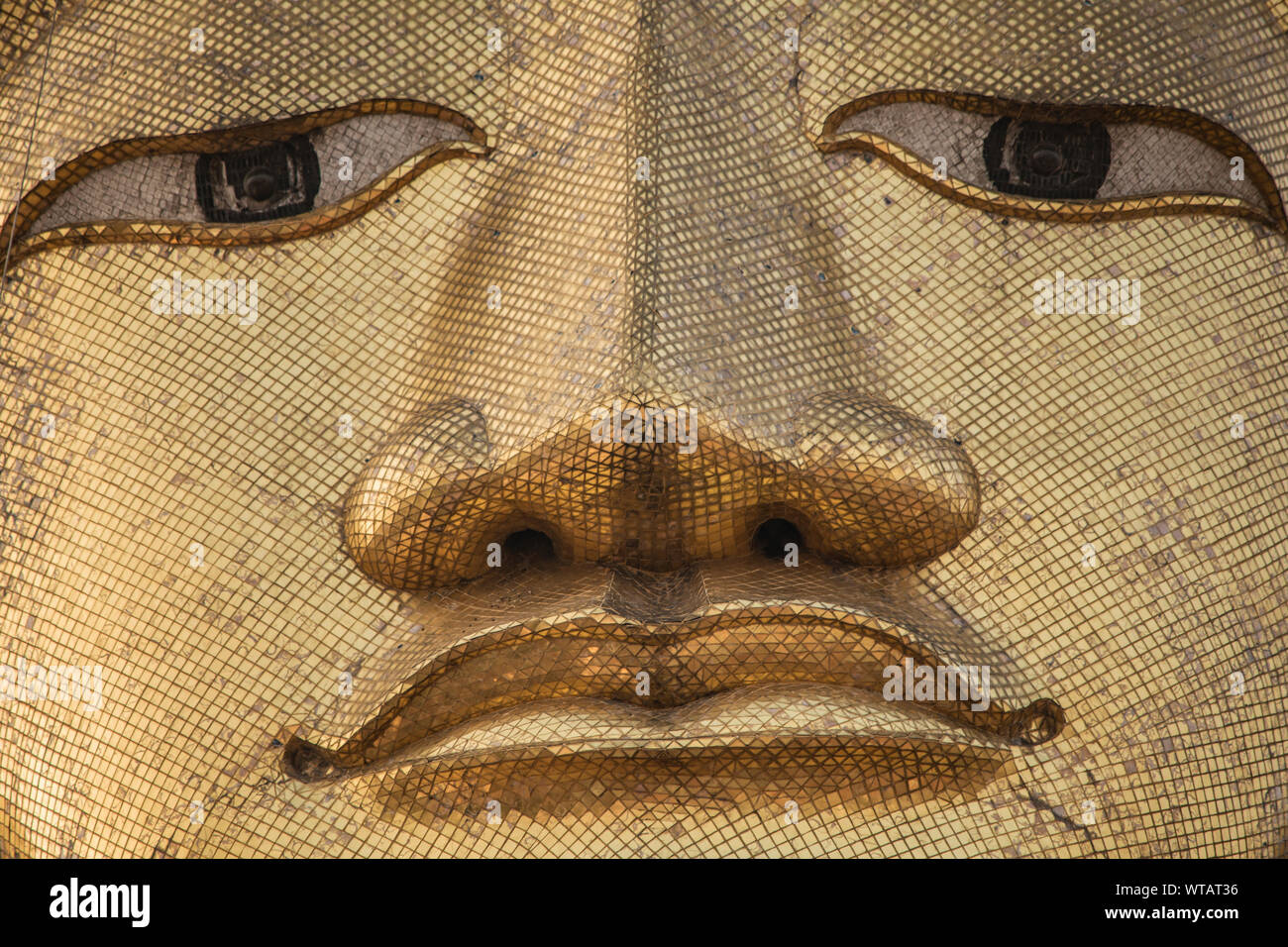 Detail of the giant standing Buddha face at Wat Intharawihan temple Stock Photo