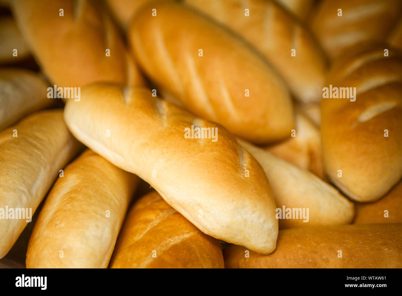 Fresh bread rolls in the bakery Stock Photo
