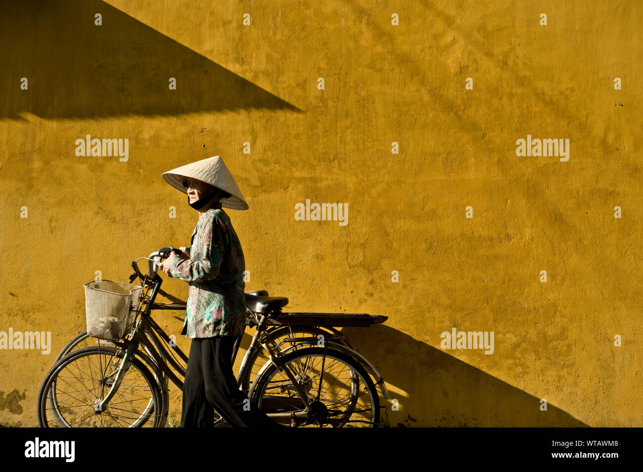 Vietnamese woman with traditional Vietnamese hat carries her bicycle Stock Photo