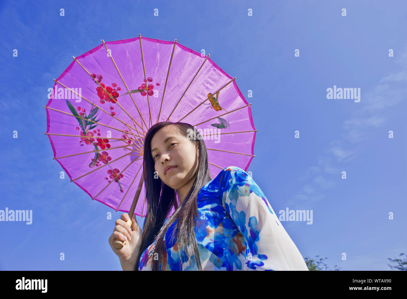 Vietnamese tourist wearing dress Ao dai with oil-paper umbrella Stock Photo