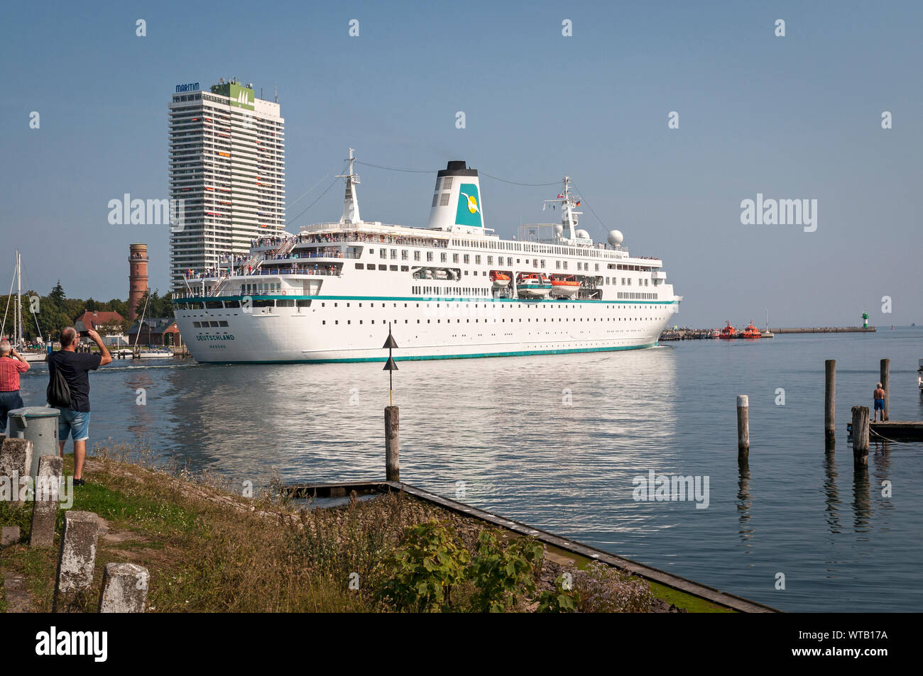 Cruise Ship 'Deutschland' leaving Travemünde, Schleswig Holstein, Germany. Stock Photo