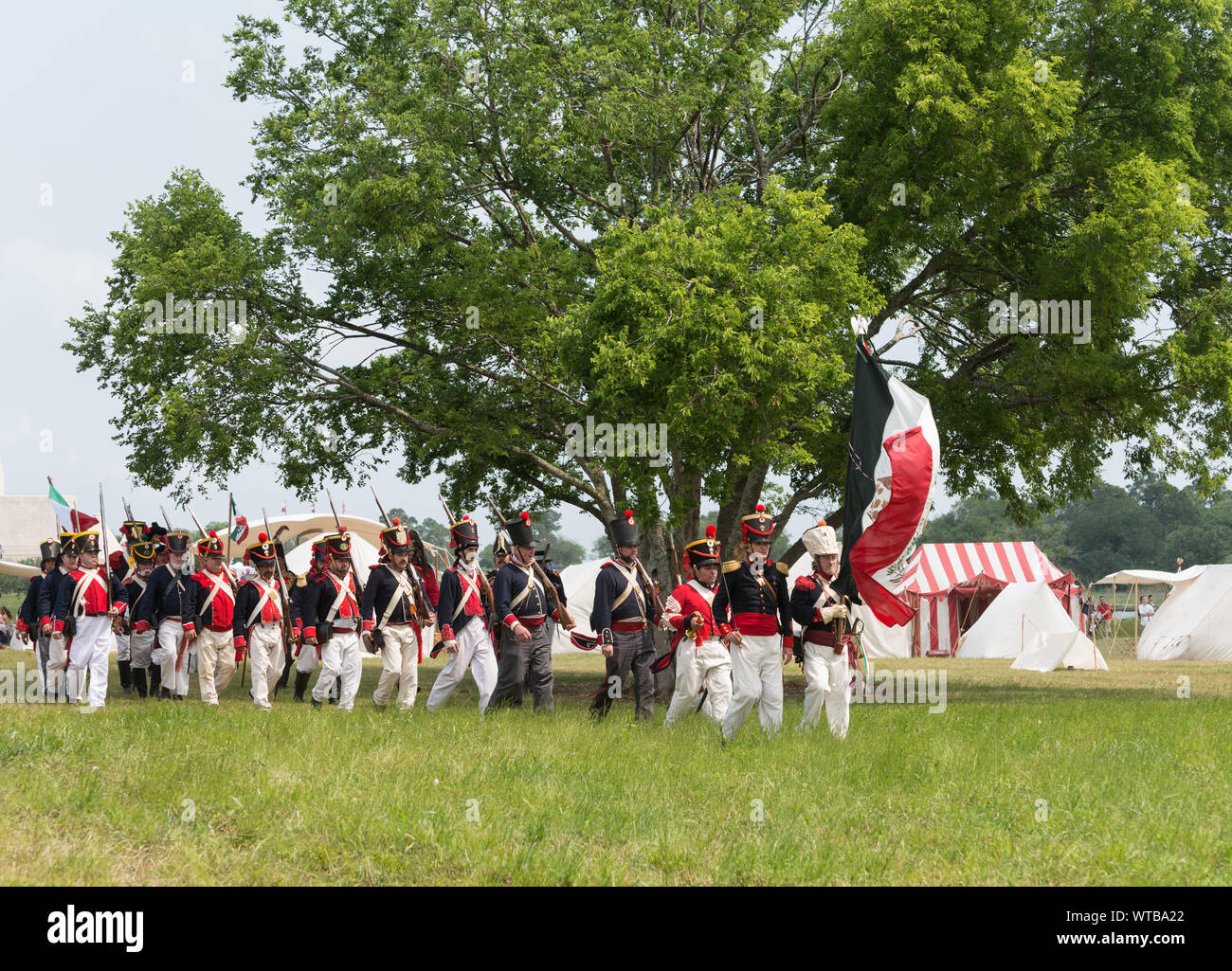 Mexican forces march toward Texan lines at the annual Battle of San Jacinto Festival and Battle Reenactment, a living-history retelling and demonstration of the historic Battle of San Jacinto in La Porte, Texas Stock Photo