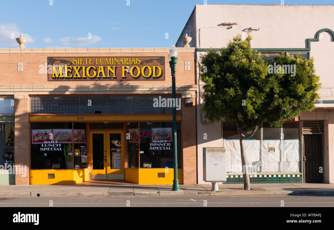Mexican restaurant and adjacent building in Guadalupe, California Stock