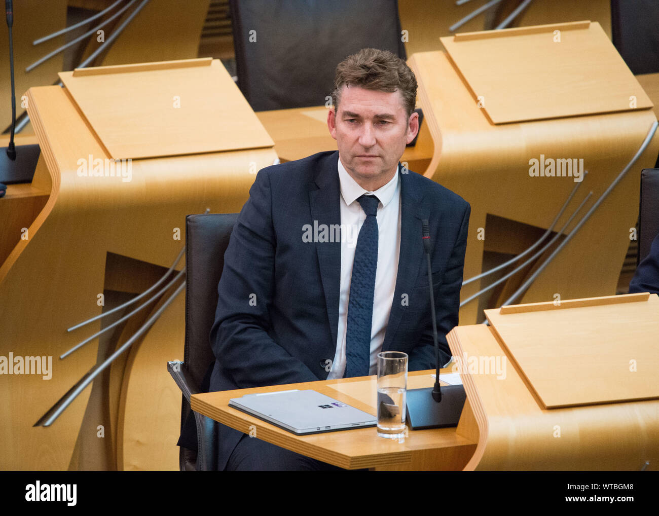 Edinburgh, UK. 5 September 2019. Pictured: Brian Whittle MSP - Shadow Cabinet Secretary for Sport & Wellbeing. Scottish Government Debate: Avoiding A No Deal Exit From The EU.  That the Parliament agrees that the UK should in no circumstances leave the EU on a no-deal basis, and condemns the Prime Minister’s suspension of the UK Parliament from as early as 9 September until 14 October 2019. The result of the division is: For 87, Against 28, Abstentions 0. Colin Fisher/CDFIMAGES.COM Stock Photo