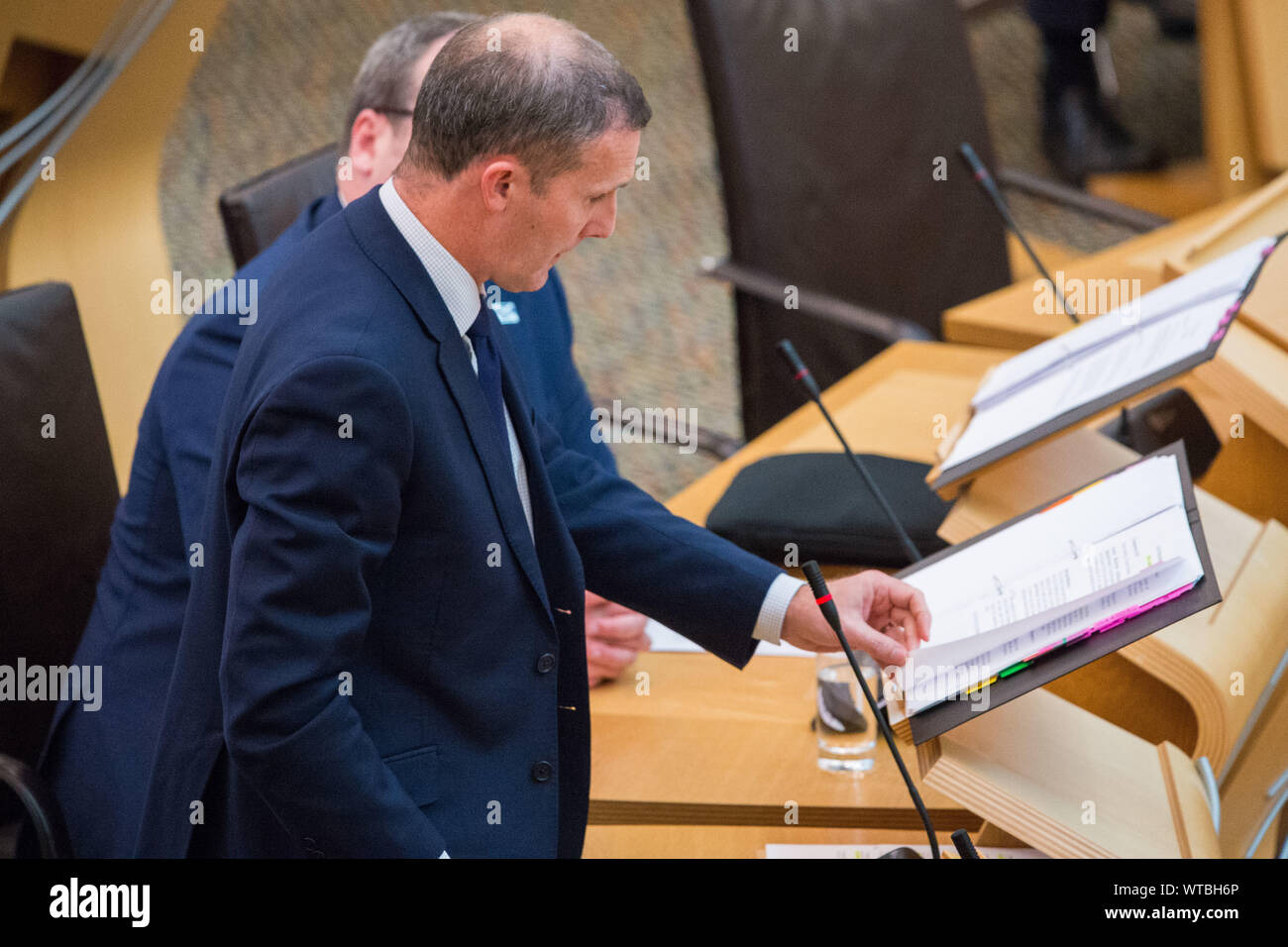Edinburgh, UK. 5 September 2019. Pictured: Michael Matheson MSP - Cabinet Secretary for Transport, Infrastructure & Connectivity. Scottish Government Debate: Avoiding A No Deal Exit From The EU.  That the Parliament agrees that the UK should in no circumstances leave the EU on a no-deal basis, and condemns the Prime Minister’s suspension of the UK Parliament from as early as 9 September until 14 October 2019. The result of the division is: For 87, Against 28, Abstentions 0. Colin Fisher/CDFIMAGES.COM Stock Photo