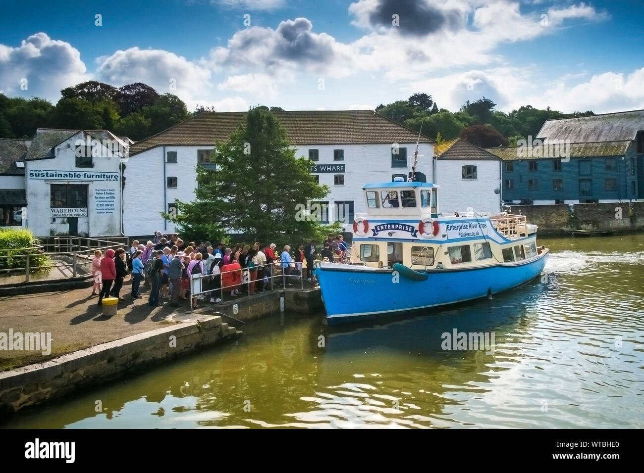 The Enterprise, a ferry boat berthing at Truro Town Quay in Truro City centre in Cornwall. Stock Photo