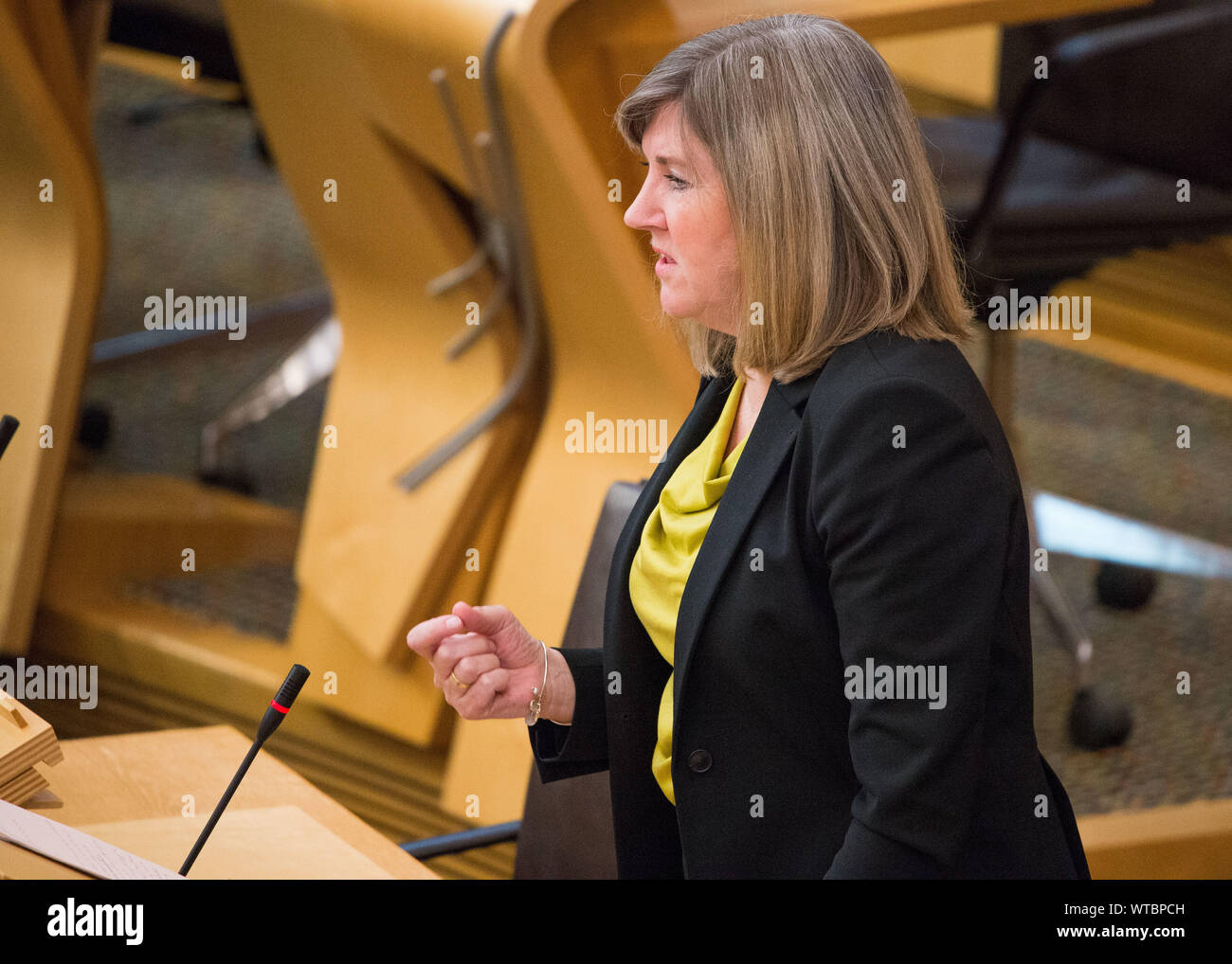 Edinburgh, UK. 5 September 2019. Pictured: Alison Johnstone MSP - Co-Leader of the Scottish Green Party. Health & Sport, Social Security, Children & Young People. Scottish Government Debate: Avoiding A No Deal Exit From The EU.  That the Parliament agrees that the UK should in no circumstances leave the EU on a no-deal basis, and condemns the Prime Minister’s suspension of the UK Parliament from as early as 9 September until 14 October 2019. The result of the division is: For 87, Against 28, Abstentions 0. Colin Fisher/CDFIMAGES.COM Stock Photo