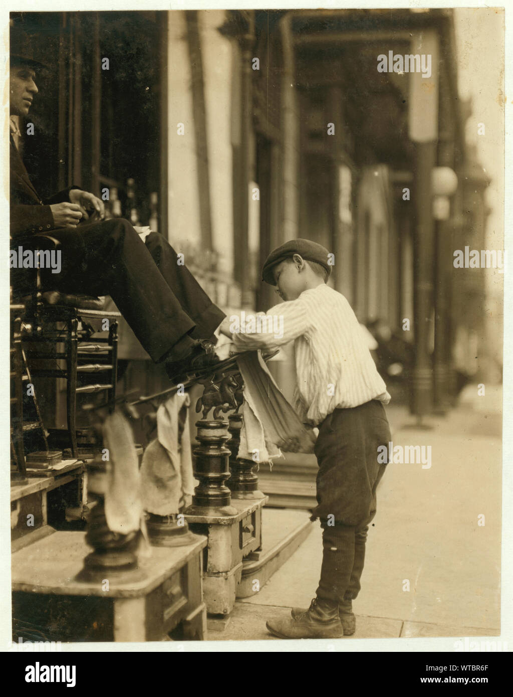 Michael Mero, 2 West 4th St. Bootblack, 12 years of age, working one year of own volition. Don't smoke. Out after 11 P.M. on May 21. Ordinarily works 6 hours per day.  Photographs from the records of the National Child Labor Committee (U.S.) Stock Photo