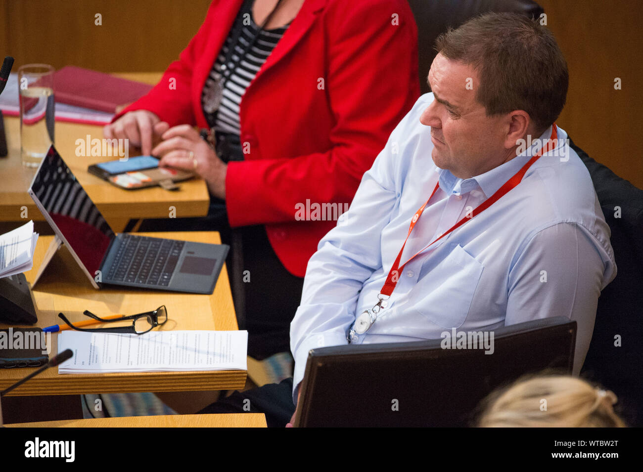 Edinburgh, UK. 5 September 2019. Pictured: Neil Findlay MSP - Member for Lothian. Scottish Government Debate: Avoiding A No Deal Exit From The EU.  That the Parliament agrees that the UK should in no circumstances leave the EU on a no-deal basis, and condemns the Prime Minister’s suspension of the UK Parliament from as early as 9 September until 14 October 2019. The result of the division is: For 87, Against 28, Abstentions 0. Colin Fisher/CDFIMAGES.COM Stock Photo
