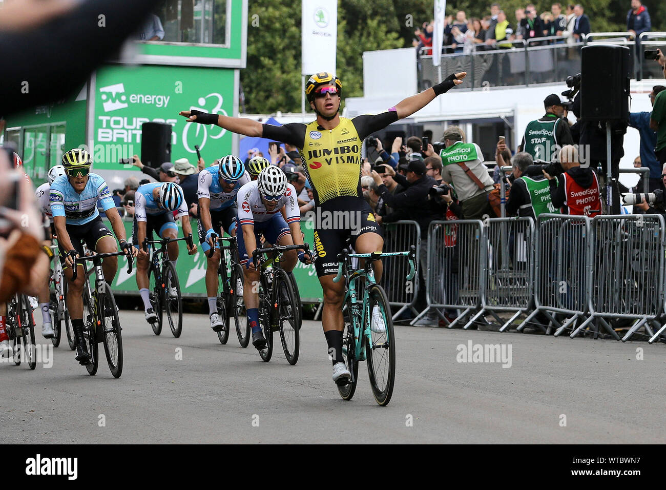 Birkenhead, UK. 11th Sep, 2019. Dylan Groenewegen from Holland riding for Team Jumbo-Visma crosses the finish line and wins stage 5. OVO Energy Tour of Britain 2019, stage5, Wirral Stage, Birkenhead to Birkenhead on Wednesday 11th September 2019. picture by Chris Stading/Andrew Orchard sports photography/Alamy Live News Credit: Andrew Orchard sports photography/Alamy Live News Stock Photo