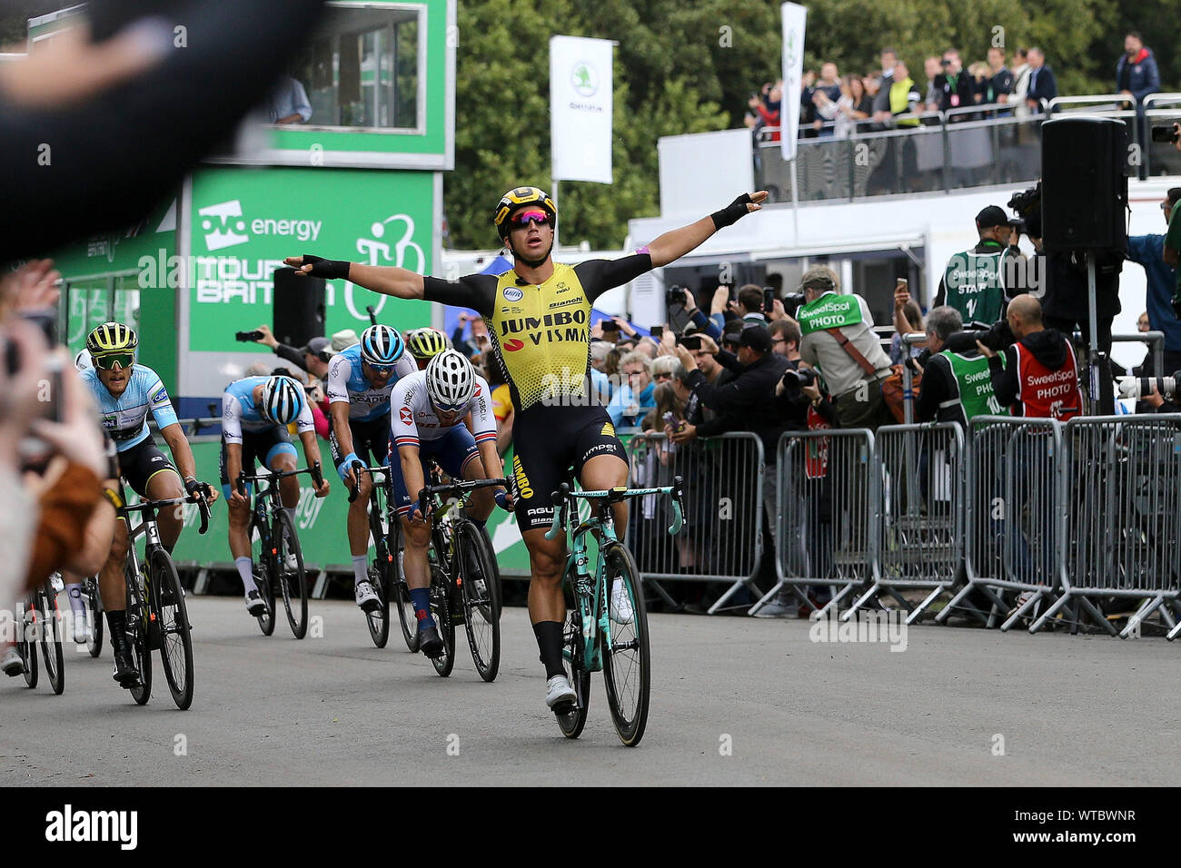 Birkenhead, UK. 11th Sep, 2019. Dylan Groenewegen from Holland riding for Team Jumbo-Visma crosses the finish line and wins stage 5. the OVO Energy Tour of Britain 2019, stage5, Wirral Stage, Birkenhead to Birkenhead on Wednesday 11th September 2019. picture by Chris Stading/Andrew Orchard sports photography/Alamy Live News Credit: Andrew Orchard sports photography/Alamy Live News Stock Photo