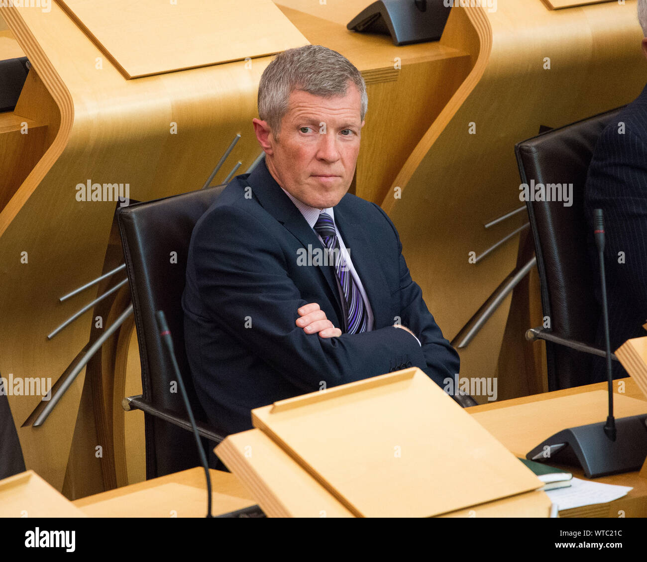 Edinburgh, UK. 5 September 2019. Pictured: Willie Rennie MSP - Leader of the Scottish Liberal Democrat Party. Scottish Government Debate: Avoiding A No Deal Exit From The EU.  That the Parliament agrees that the UK should in no circumstances leave the EU on a no-deal basis, and condemns the Prime Minister’s suspension of the UK Parliament from as early as 9 September until 14 October 2019. The result of the division is: For 87, Against 28, Abstentions 0. Colin Fisher/CDFIMAGES.COM Stock Photo