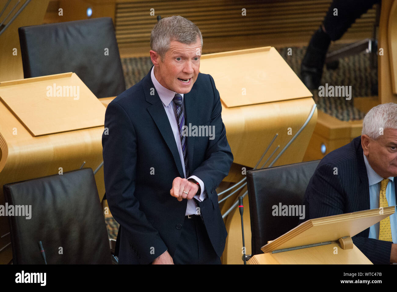 Edinburgh, UK. 5 September 2019. Pictured: Willie Rennie MSP - Leader of the Scottish Liberal Democrat Party. Scottish Government Debate: Avoiding A No Deal Exit From The EU.  That the Parliament agrees that the UK should in no circumstances leave the EU on a no-deal basis, and condemns the Prime Minister’s suspension of the UK Parliament from as early as 9 September until 14 October 2019. The result of the division is: For 87, Against 28, Abstentions 0. Colin Fisher/CDFIMAGES.COM Stock Photo