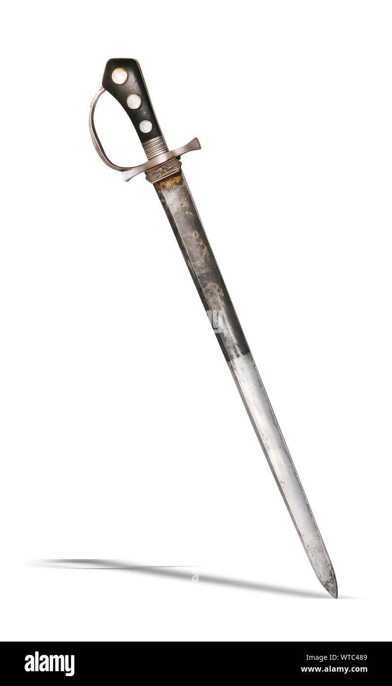 Early German hunting dagger with utility knife and gilded blade, 19th century Stock Photo