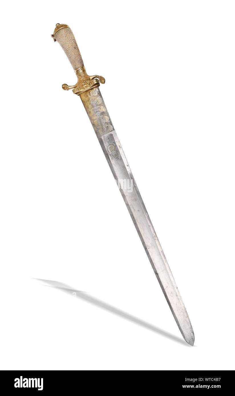 18th century German hunting sword with wide etched and gilded pointy slightly with single wide groove on each side. Stock Photo