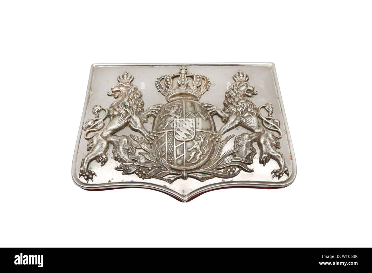Austiran belt pouch, 18th century.  Metal pouch covered with red leather, with metal flap cover decorated with Austrian Coat of Arms. Stock Photo