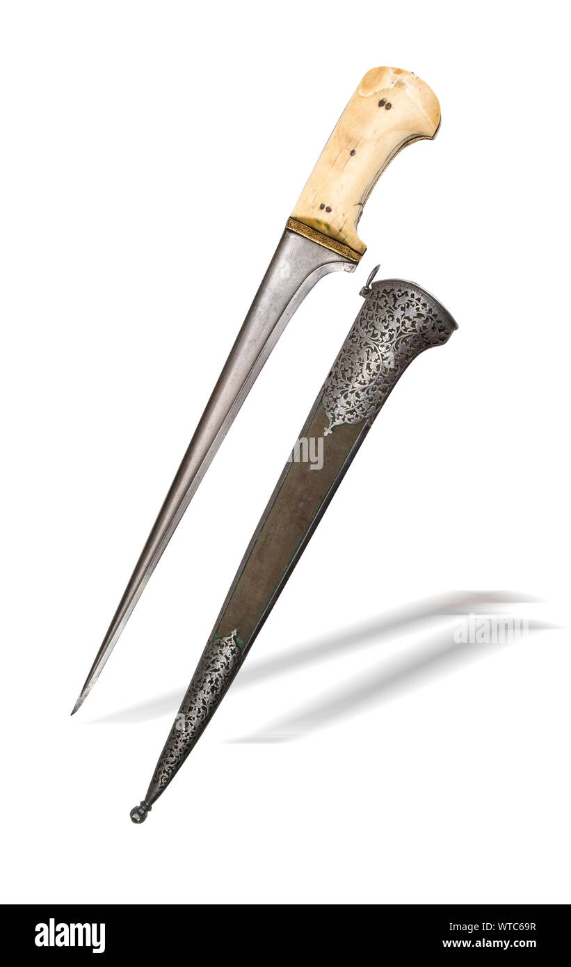 Dagger (Kard) with sheath. A kard is a straight, single-edged dagger with pointy blade that is worn on the left side of the belt. Stock Photo