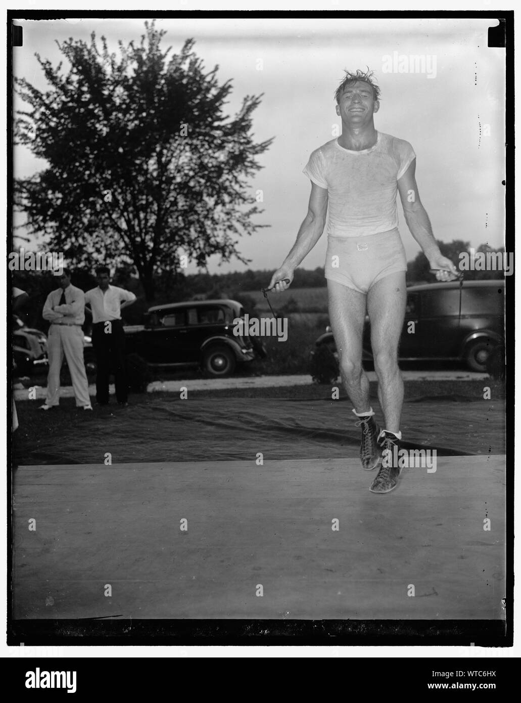 Middleweight champion expert rope skipper. Washington D.C. July 16. Rope skipping plays an important part in the training program of middleweight champion Freddied Steele, as he prepares for his coming battle on July 20 with Hobo Williams at Griffith Stadium. The championship will be at stake in the fight which is being sponsored by the Variety Club of Washington. 7/16/37 Stock Photo