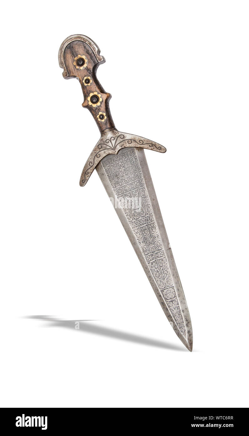 19th century cinquedea in the Italian renaissance style of the 15th and early 16th centuries, with large etched blade, wooden hilt with steel mounts. Stock Photo