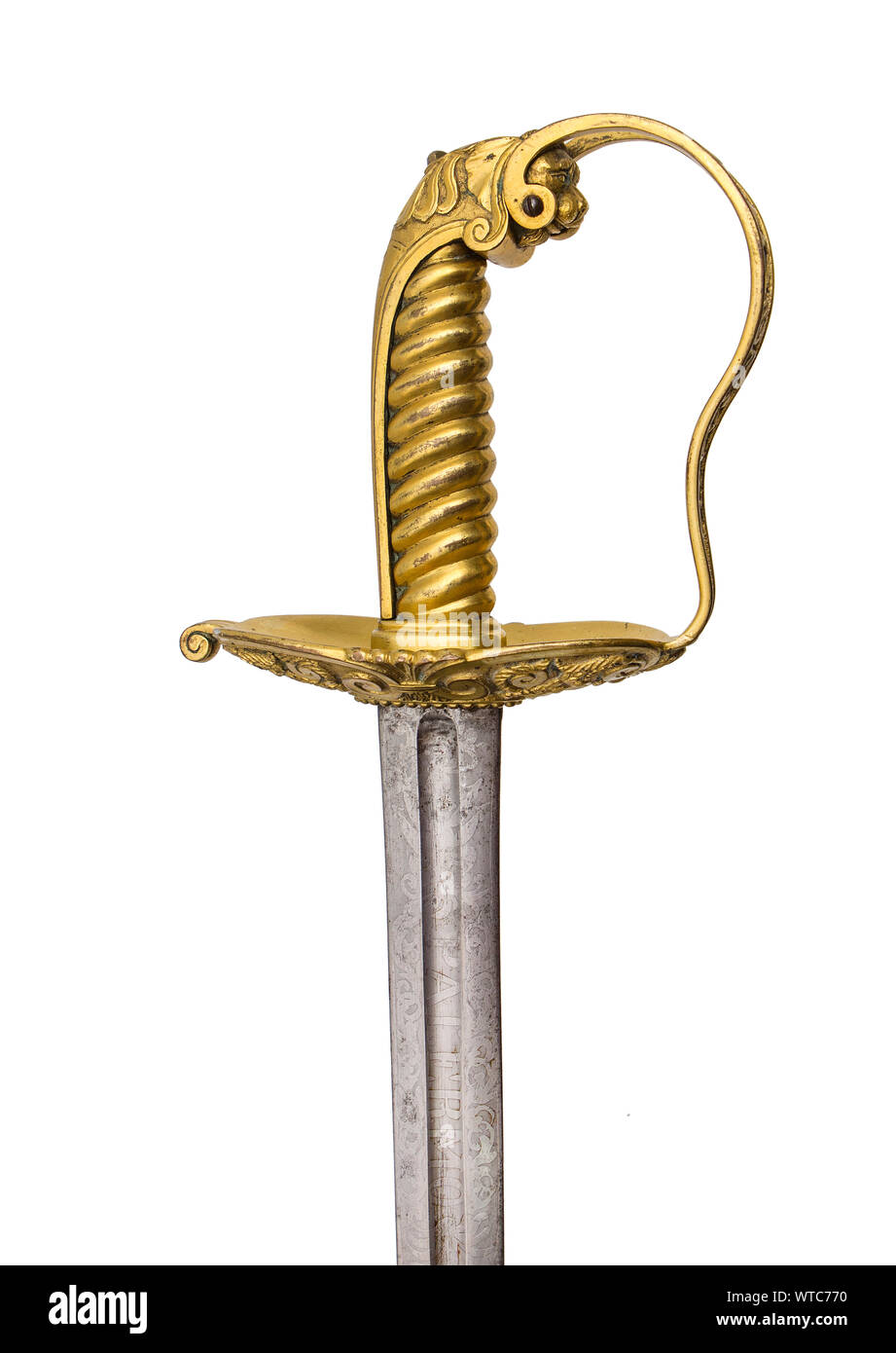 Papal civic guards officer's sword. Italy, Papal States, circa 1847. Sword for a higher ranked officer, blade with one wide fuller on each side etched Stock Photo