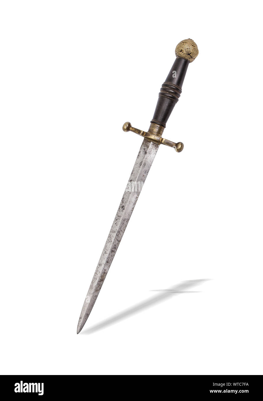 French dagger of the 18-19th century  European dagger ca. 1800 with straight double edged diamond-shaped blade, brass cross-guard, pommel and turned h Stock Photo