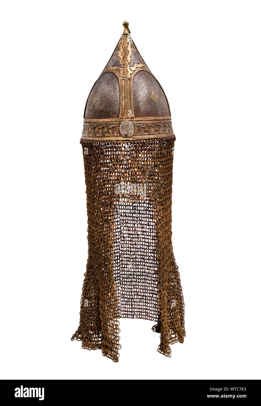 Circassian helmet of conical form with nielloed silver decorative plates and chain mail. The helmet shape is similar to the Turkish Chichak. Stock Photo