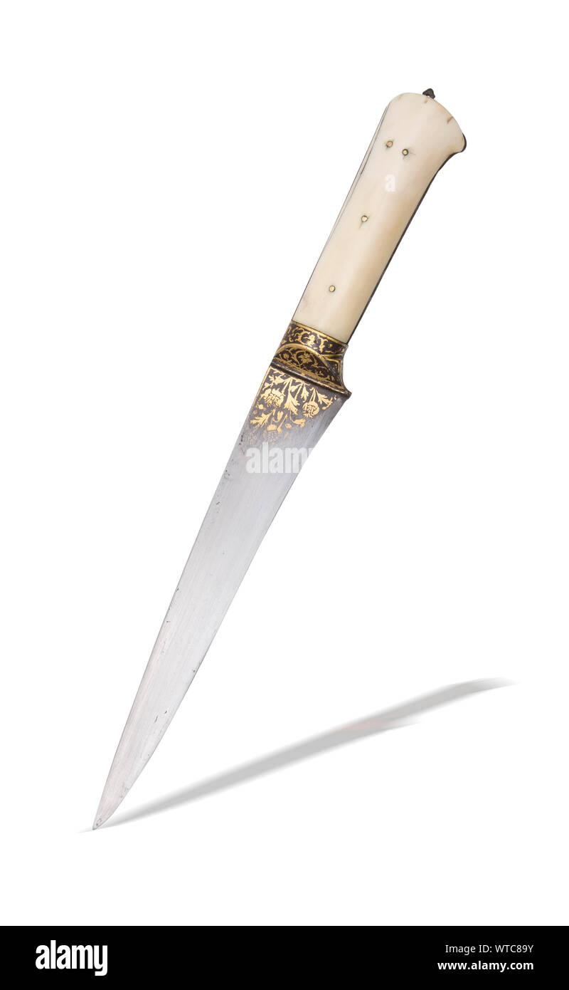 Persian kard gagger with koftgari of the early 19th century. A kard is a straight, single-edged dagger with pointy blade that is worn on the left side Stock Photo