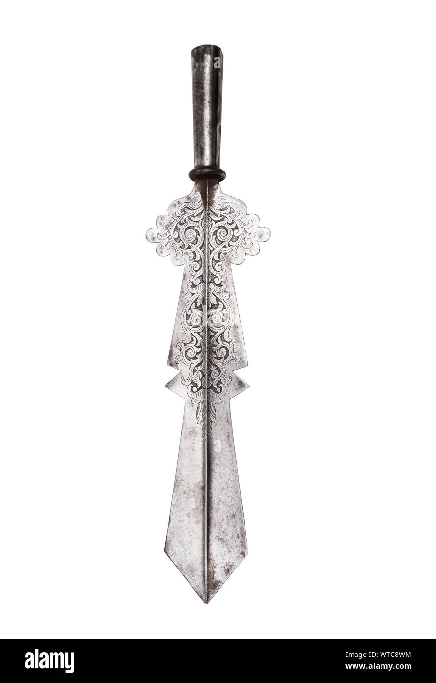 A Victorian partisan (partizan) pole–arm top in the 16th century style decorated with floral motif made with engraving. This type of pole arms was use Stock Photo
