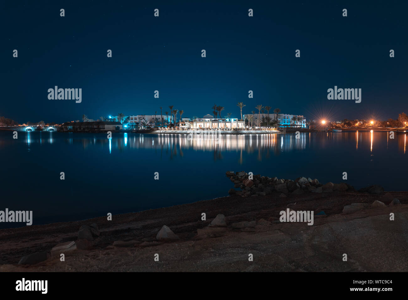 long time exposure of El gouna lagoon with a view of a hotel in the night. Stock Photo