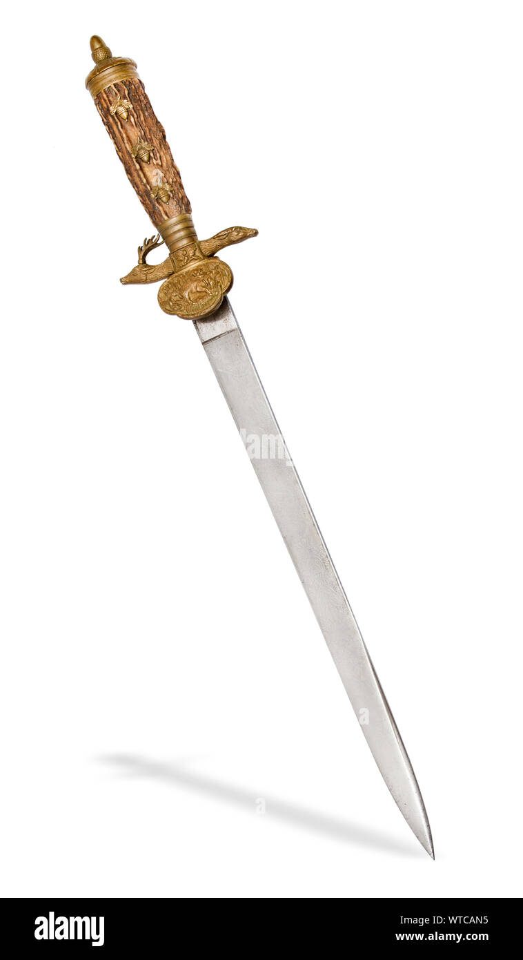 Fine German 19th century hunting sword with etched blade. A nice traditional Weimar era hunting cutlass. Stock Photo