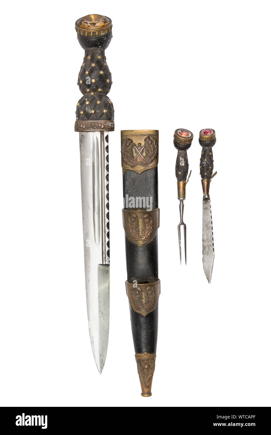 Scottish 19th century dirk dagger with knife and fork. Stock Photo