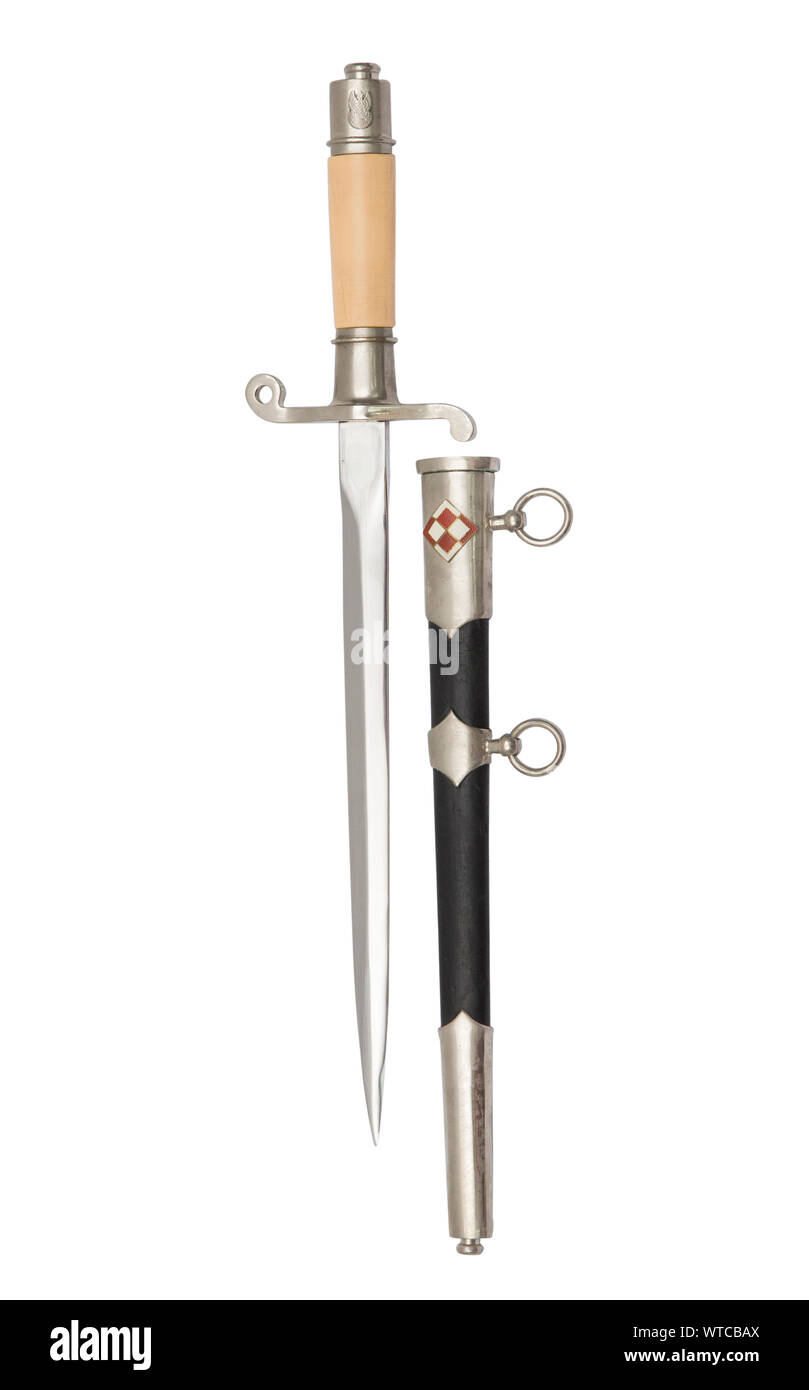 A Fine 1954 pattern Polish Air Force Dagger with a plain nickel-plated double edged blade, off-white colored handle with Polish eagle on the pommel. Stock Photo