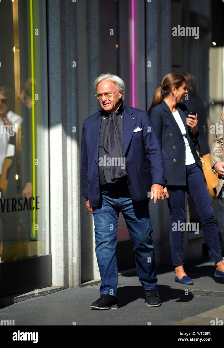 Milan, Diego Della Valle in the center The patron of Tod's, former  President of Fiorentina, DIEGO DELLA VALLE walks through the downtown  streets with friends, then after a stop at the Marchesi