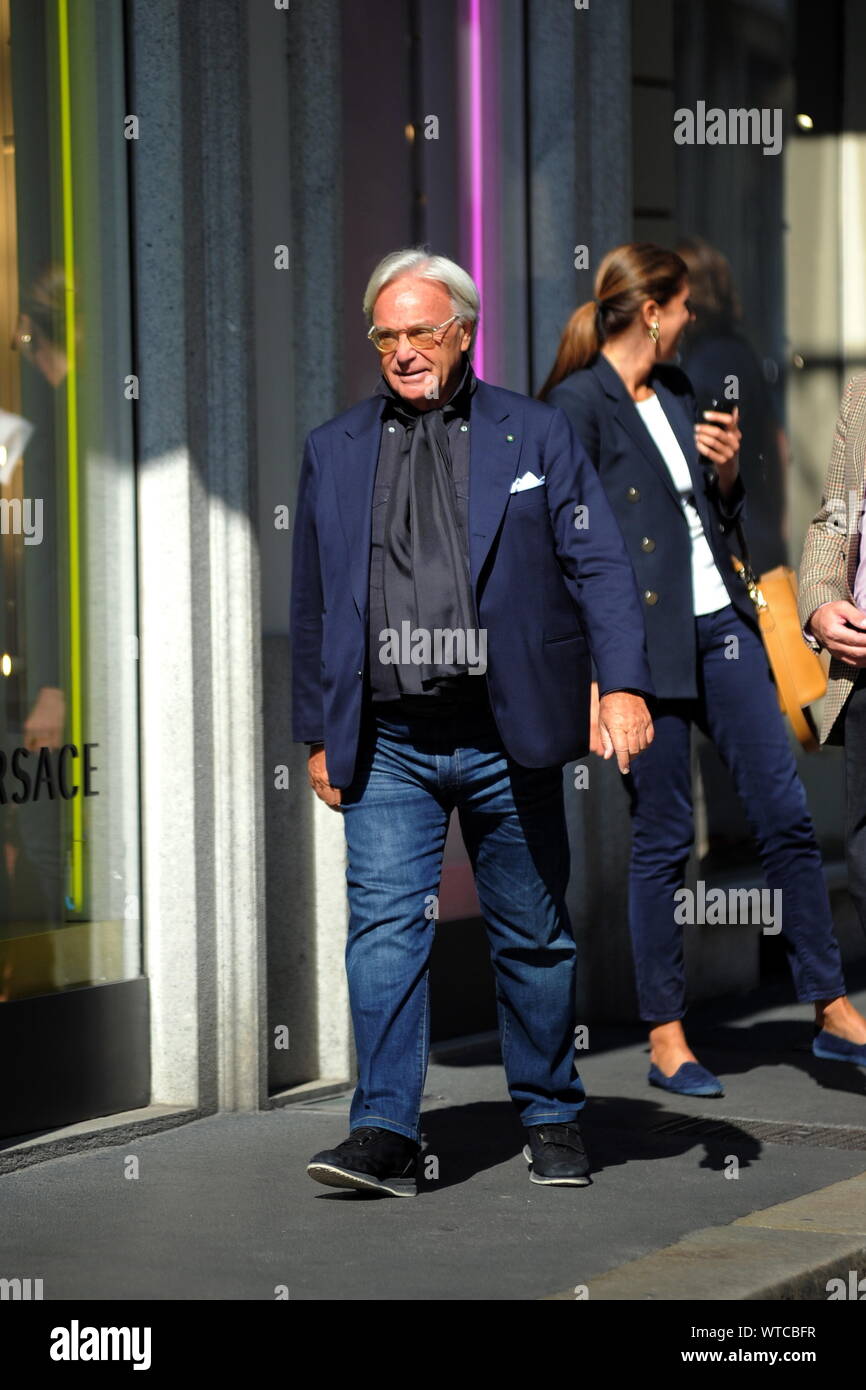 Milan, Diego Della Valle in the center The patron of Tod's, former  President of Fiorentina, DIEGO DELLA VALLE walks through the downtown  streets with friends, then after a stop at the Marchesi