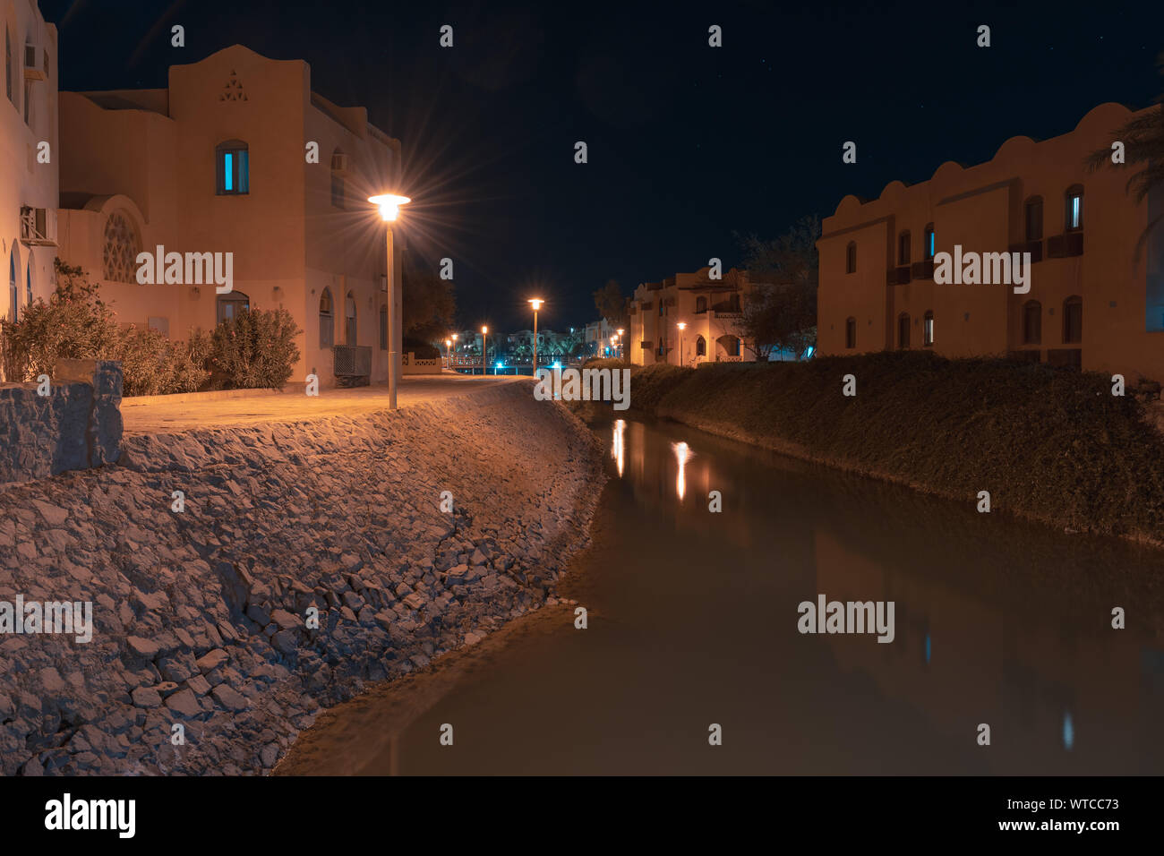 El Gouna river canal in downtown at night, Egypt Stock Photo