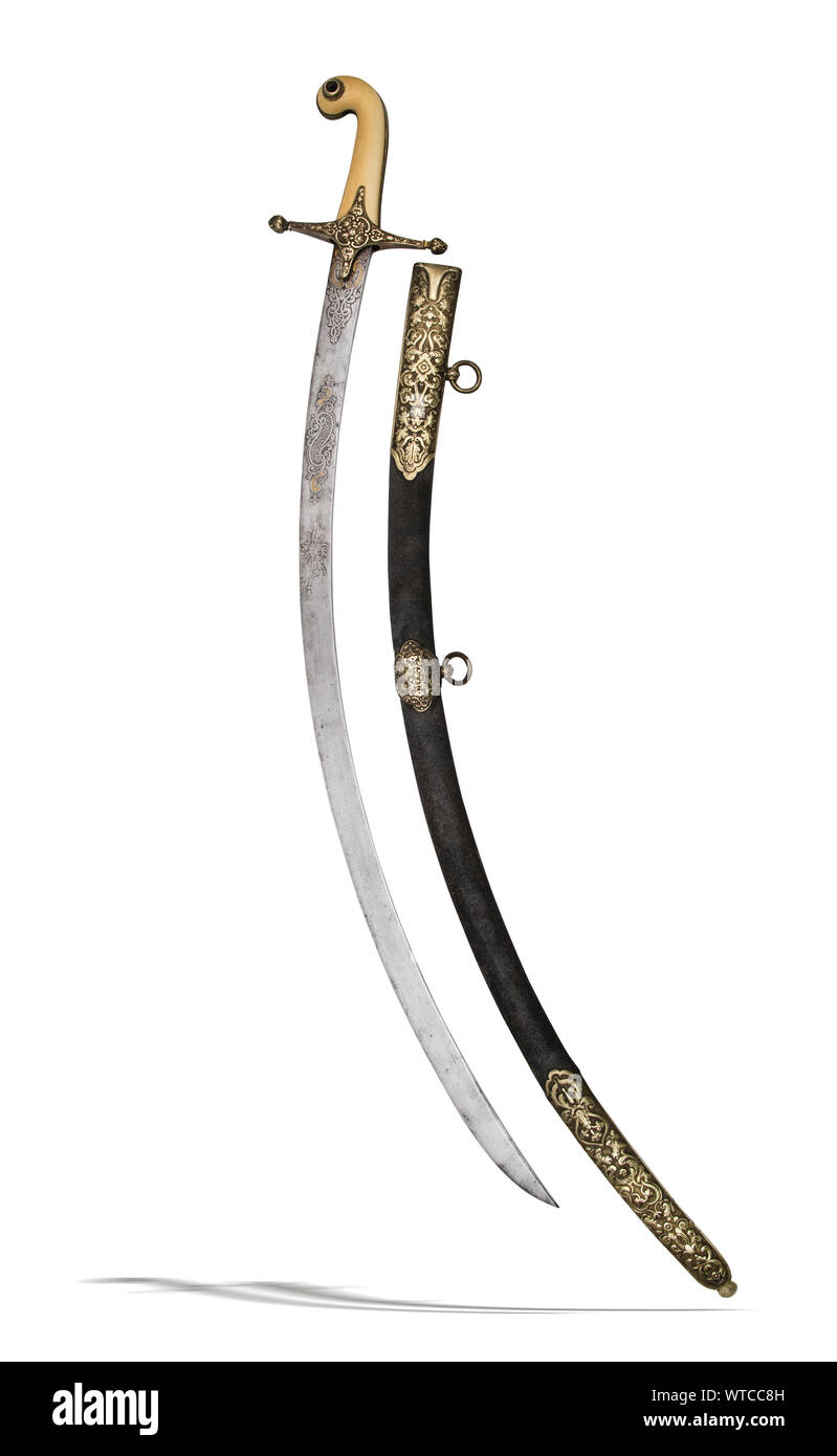 Turkish senior officer mameluke sword of the 19th century with damascus steel blade. Stock Photo