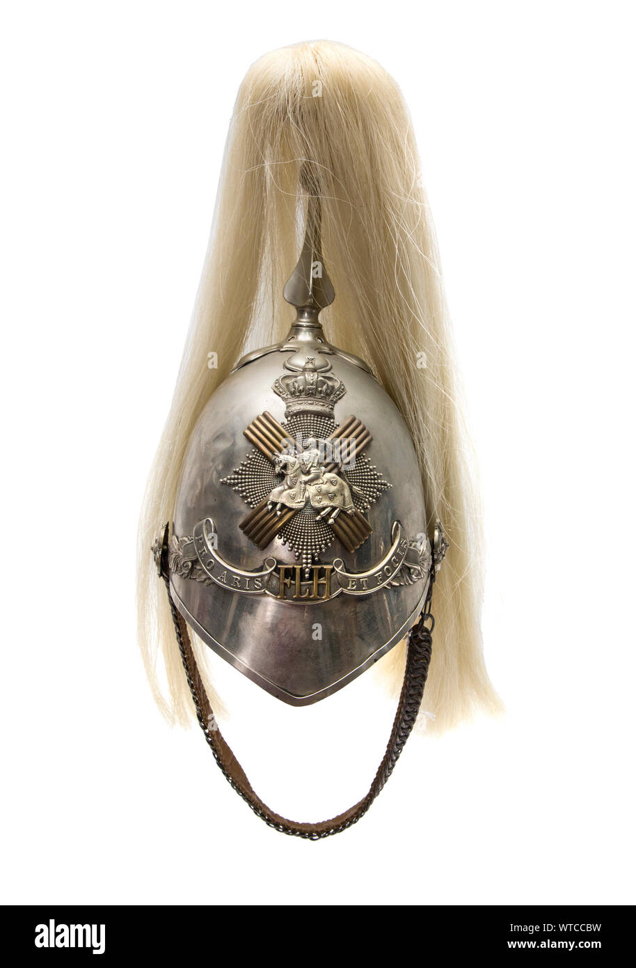 Silvered-plated Scottish officer’s Fife Light Horse 1871 helmet. On the front a regiment helmet plate bearing the Thane of Fife on horseback wearing f Stock Photo