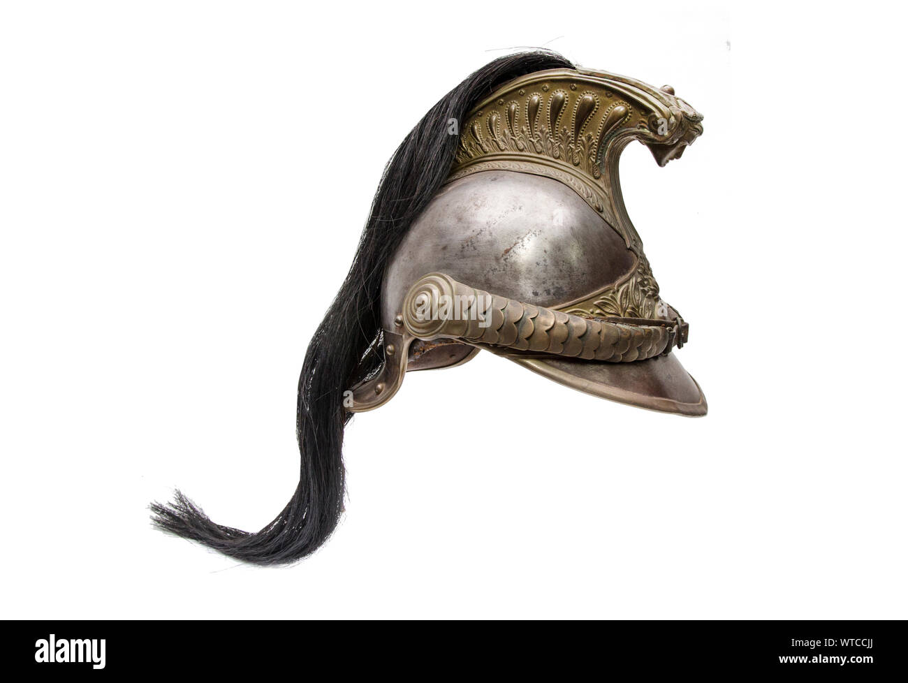 A French Helmet designed for the horse-borne grenadiers, 1827 a bell with a front and a rear shield and a ridge. Stock Photo
